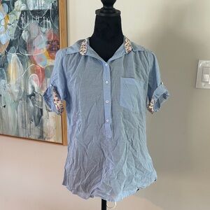 Sky Blue Button Down Shirt with Floral Trim